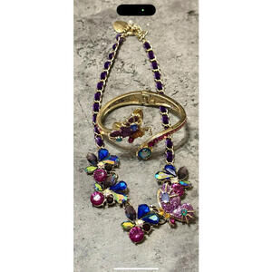 Betsey Johnson Multi-Stone Butterfly Crystal Necklace & Hinged Bracelet Set